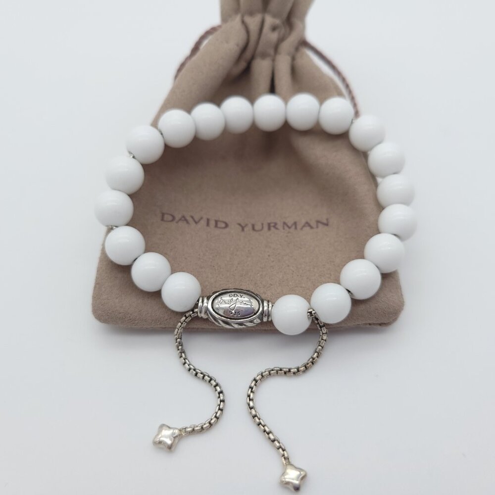David Yurman Sterling Silver 8mm White Agate Spiritual Bead Beaded Pull Bracelet